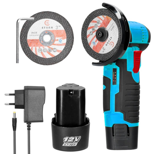 Mini cordless grinder with 12V Li-ion battery, power adapter, and cutting discs.