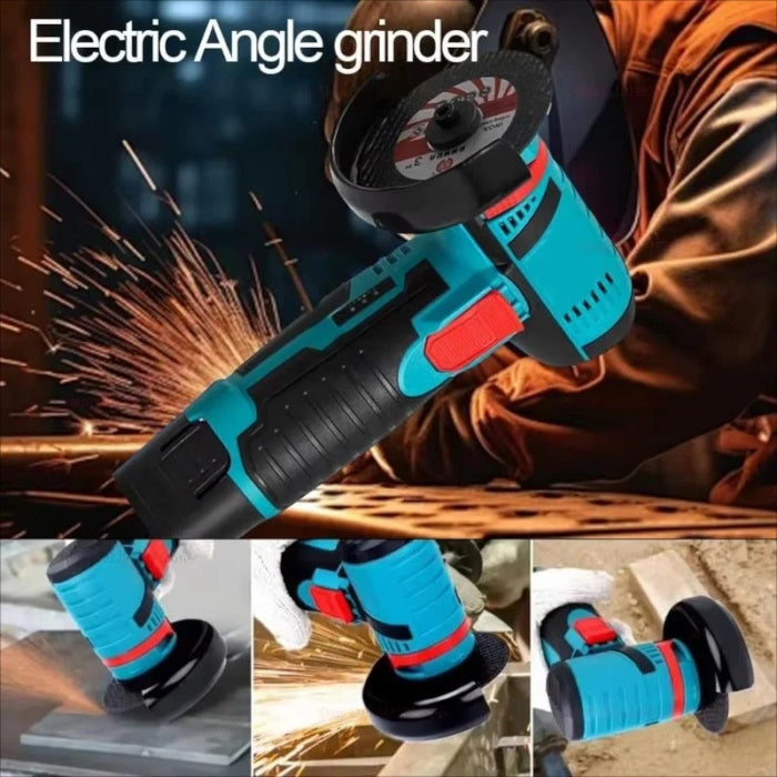Mini cordless angle grinder cutting a metal rod with bright sparks flying.