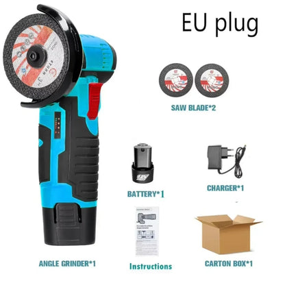 12V cordless angle grinder kit with EU plug charger, battery, and 2 saw blades.