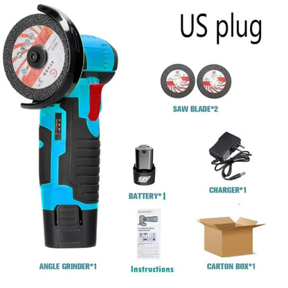 12V cordless angle grinder kit with US plug charger, battery, and 2 saw blades.