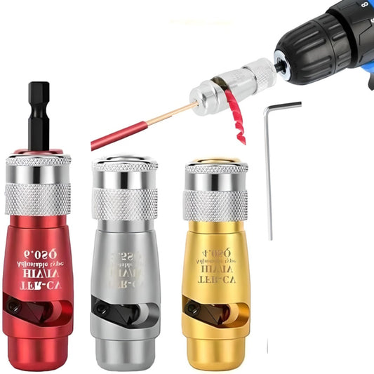 Red, silver, and gold electric wire stripper drill attachments with a hex key.