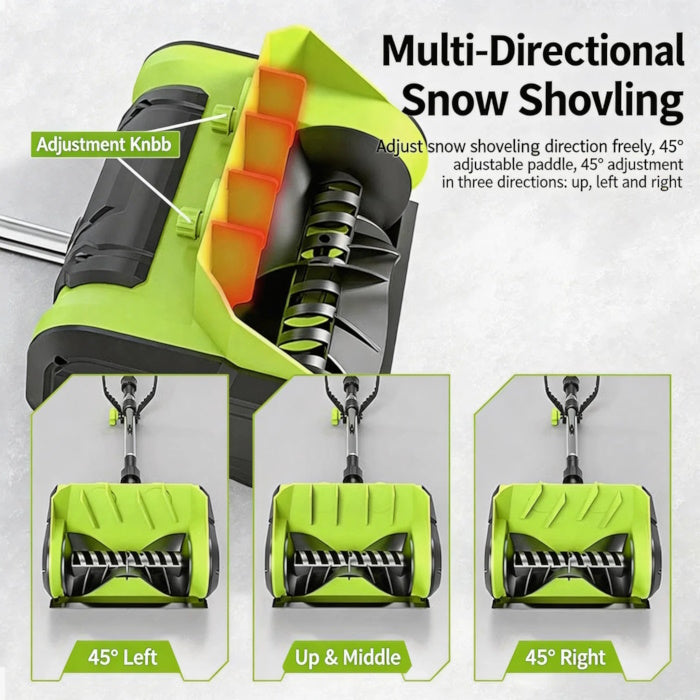 Electric snow shovel with adjustable 45 degree paddle for left, right, and up.