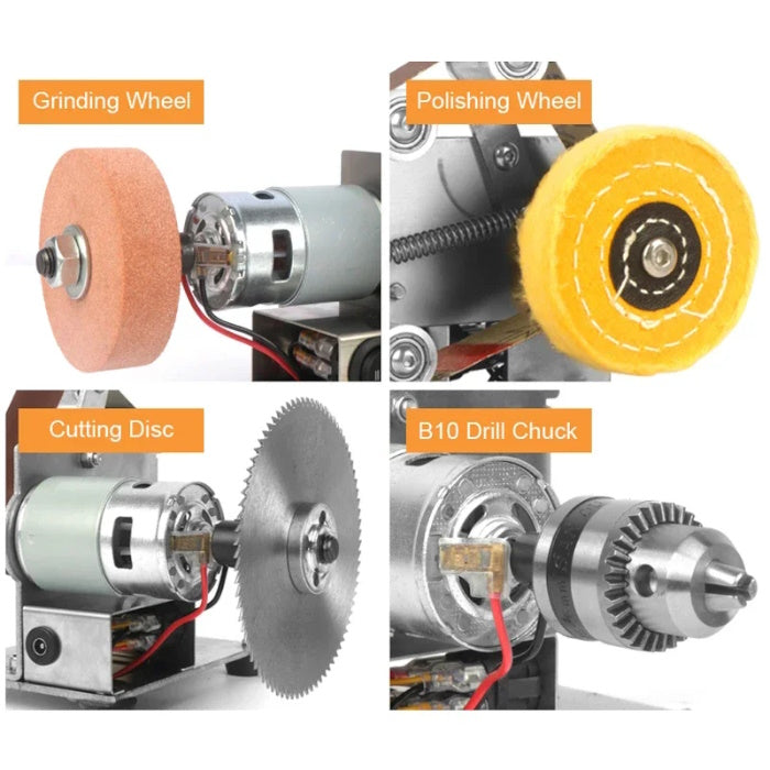 Grinding wheel, polishing wheel, cutting disc, and B10 drill chuck attachments.