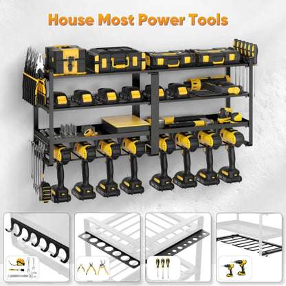Large power tool rack with side hooks for wrenches, screwdrivers, and pliers.