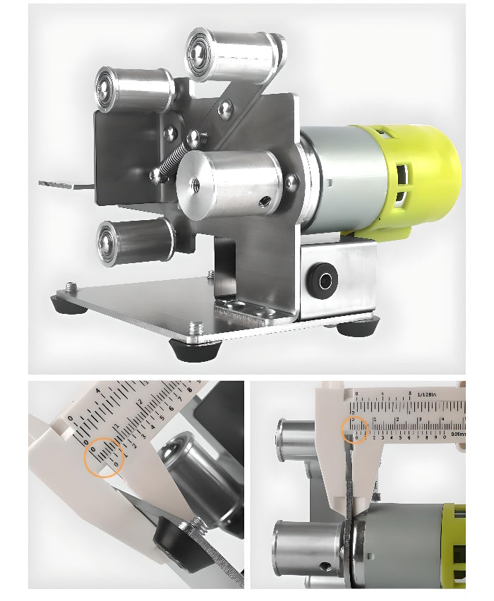 Compact electric belt sander with a yellow polishing wheel and grinding kit.