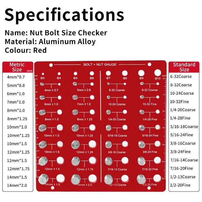 Red aluminum alloy thread gauge chart showing Metric and Standard size lists.