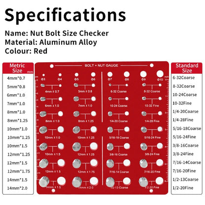 Red aluminum alloy thread gauge chart showing Metric and Standard size lists.
