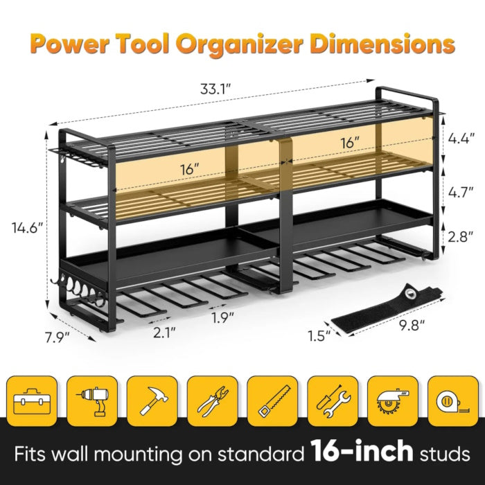 33.1 inch tool rack dimensions with 16-inch wall stud mounting guide.