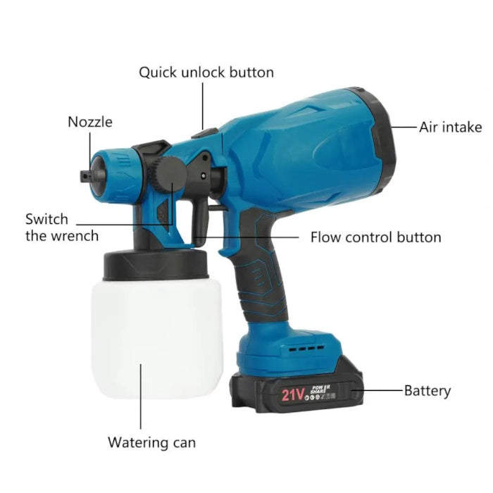 Blue cordless paint sprayer with labeled parts including nozzle, battery, and intake