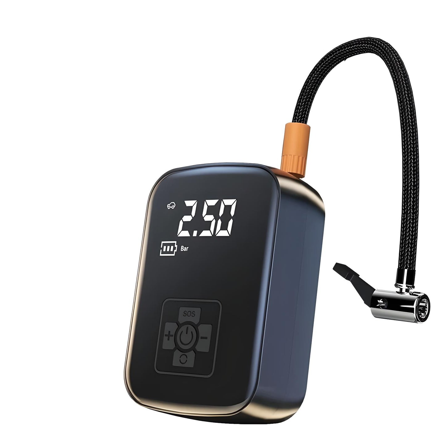 Handheld cordless air pump with 100W motor, digital display, and 3600mAh battery.