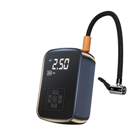 Handheld cordless air pump with 100W motor, digital display, and 3600mAh battery.