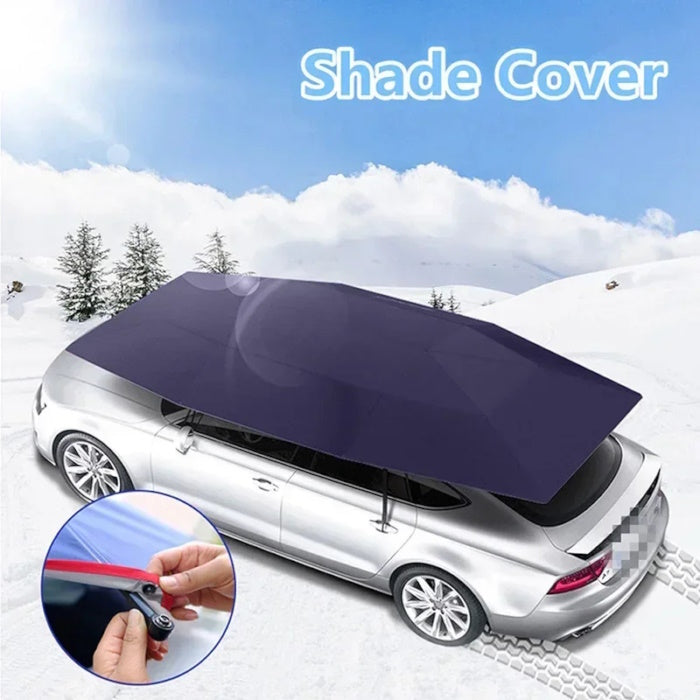 Dark blue portable car umbrella deployed over a black SUV for protection
