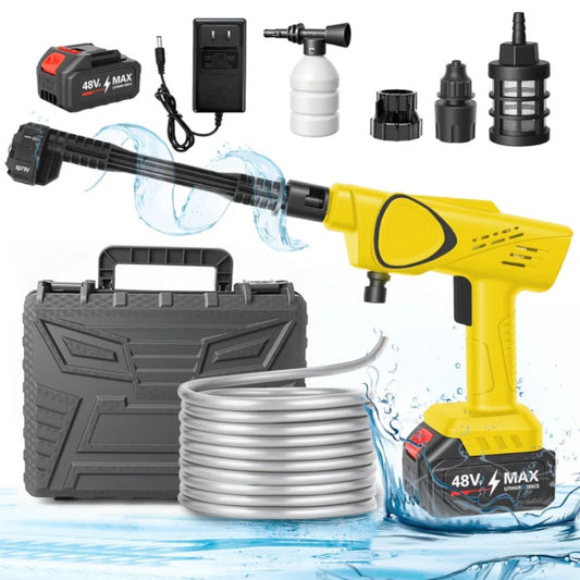 Cordless pressure washer drawing water from a bucket using a self-priming hose 