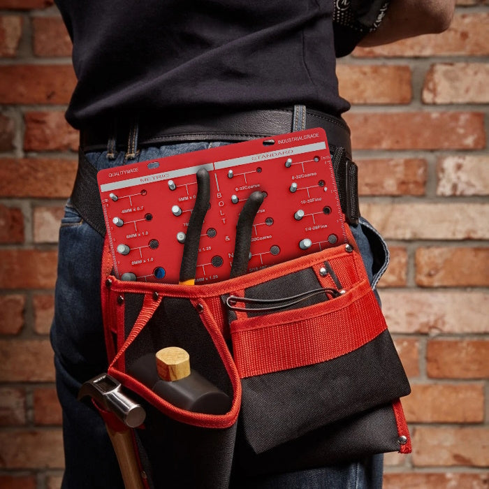 Red Taskrafter thread gauge plate stored in a professional belt tool organizer.