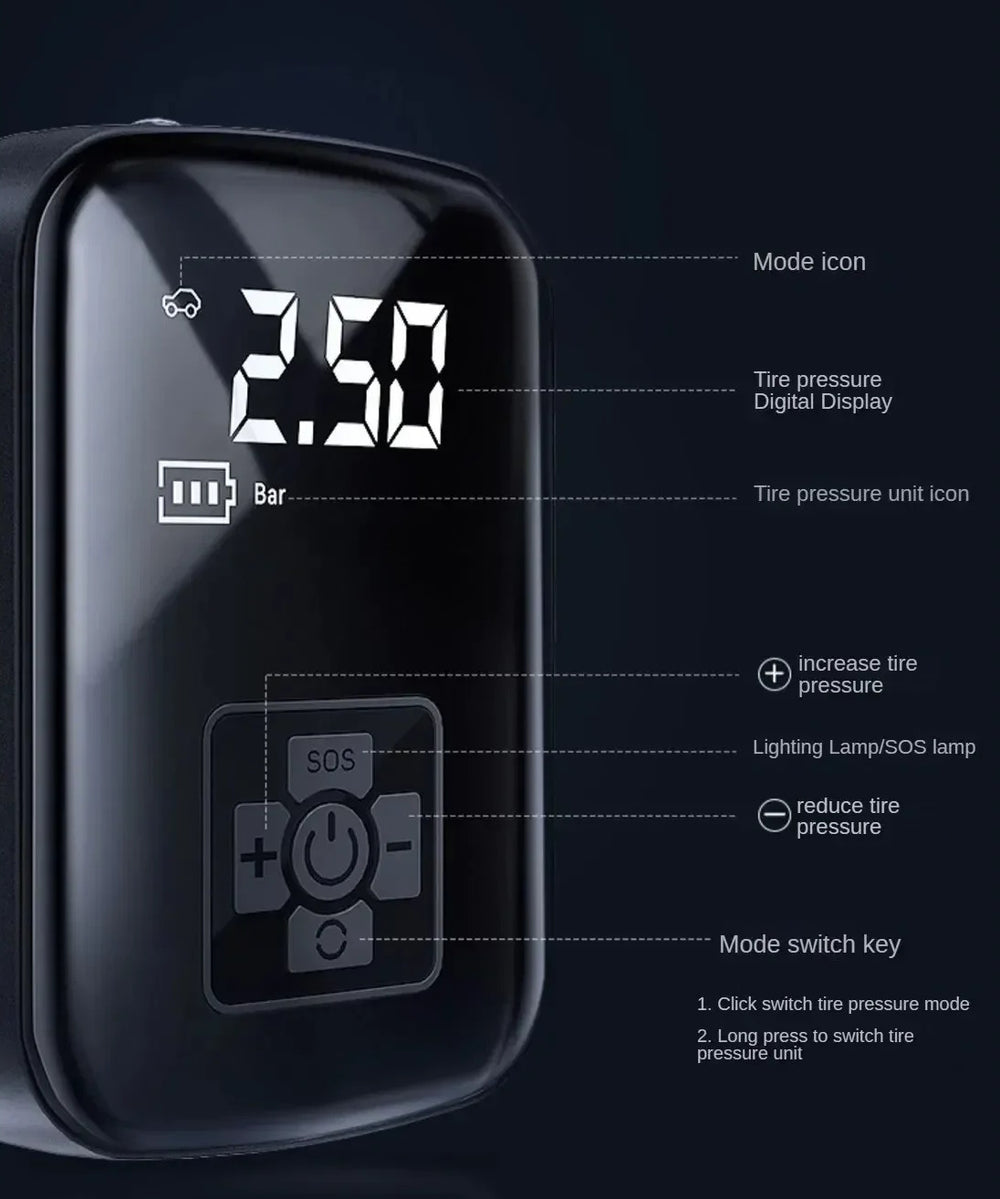 Tire inflation made easy with wireless 3600mAh portable air pump and LED light.