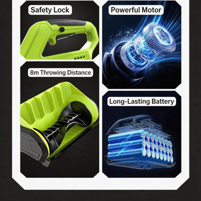 Safety lock, powerful motor, 8m throwing distance, and long-lasting battery.