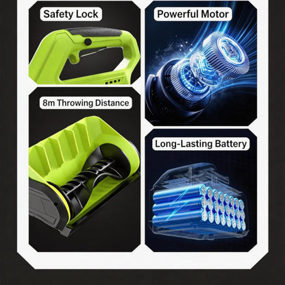 Safety lock, powerful motor, 8m throwing distance, and long-lasting battery.