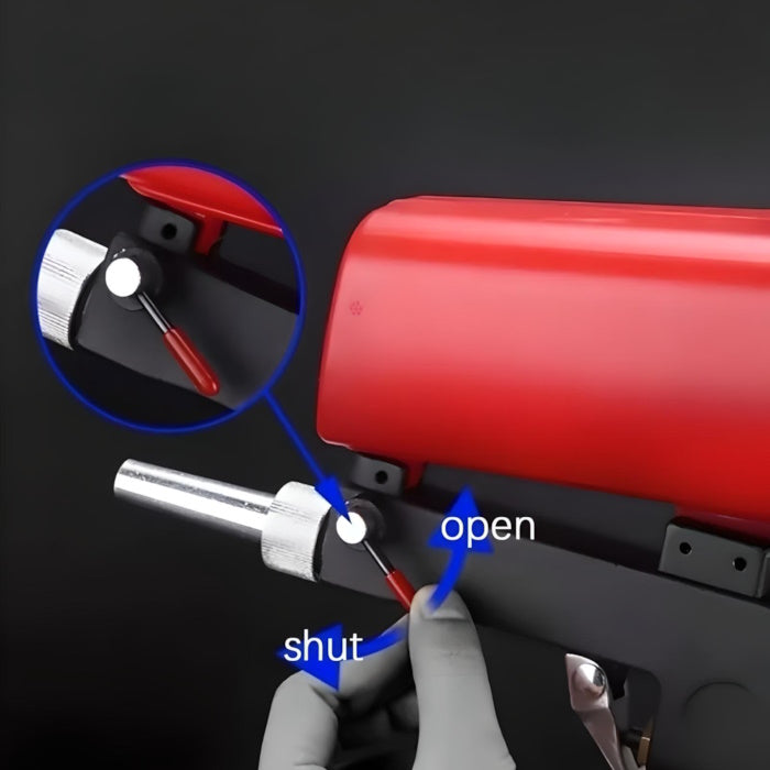 Close-up of a sandblaster toggle switch showing Open and Shut flow control modes