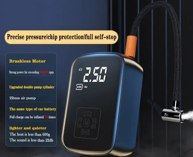 Portable air pump with 22mm cylinder, brushless motor, and low 22dB noise level.
