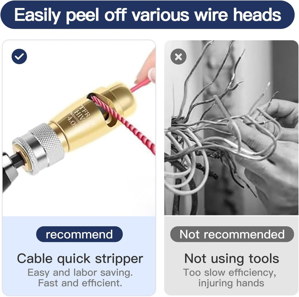 Electrician using a drill-powered wire stripper to peel insulation from cable.