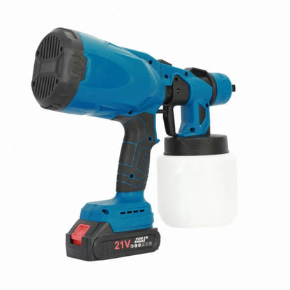 Side view of a blue cordless paint sprayer with motor air intake and 21V battery