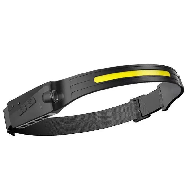 Black rechargeable LED headlamp with wide beam COB light and adjustable strap.