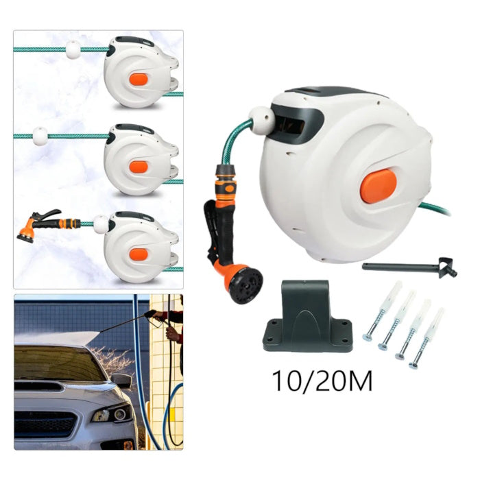 Automatic hose reel in 10m and 20m sizes, featuring a car washing application.