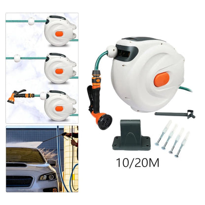 Automatic hose reel in 10m and 20m sizes, featuring a car washing application.