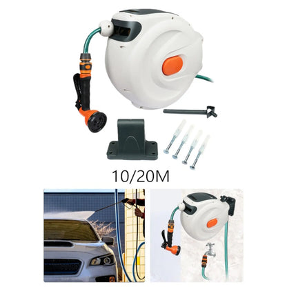 Automatic hose reel kit with 10m/20m options, wall mount, and car wash example.