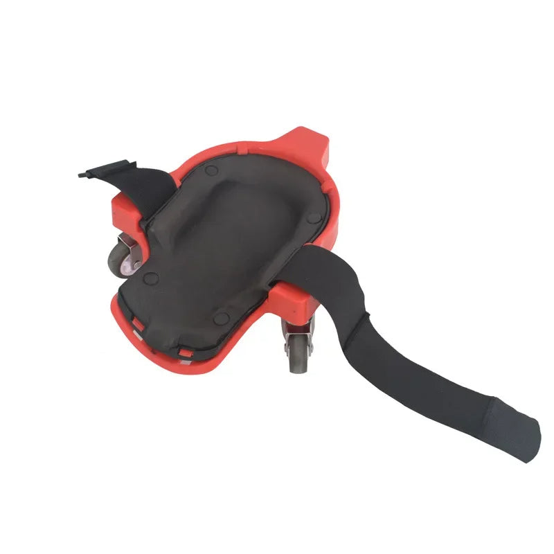 Rolling knee pad showing three swivel wheels and secure adjustable strap system.