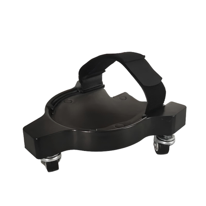 Rolling knee pad showing three swivel wheels and secure adjustable strap system.
