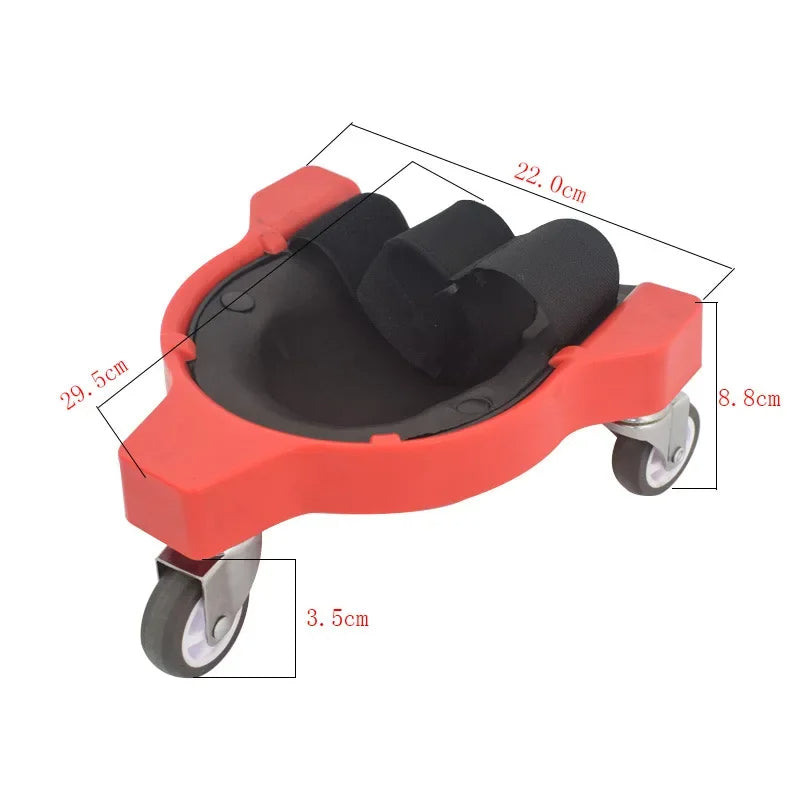 Diagram of rolling knee pads with swivel wheels, EVA foam, and adjustable straps.