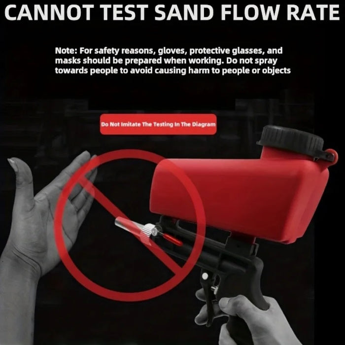 Safety warning showing not to test sandblaster flow rate against a human hand