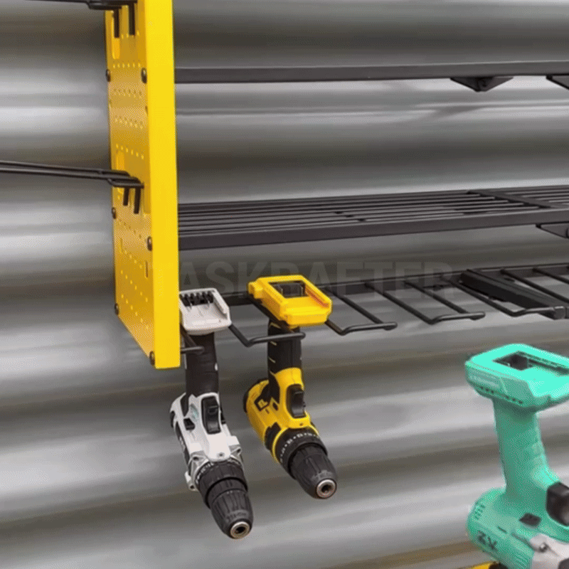 Close-up of side hooks holding pliers, wrenches, and screwdrivers on a steel rack.