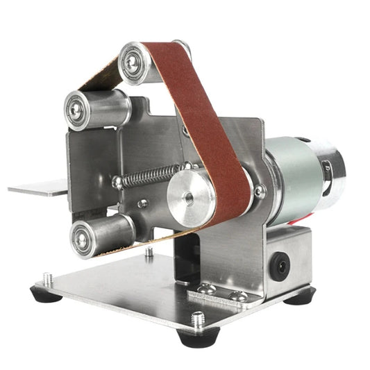Desktop mini belt grinding machine with stainless steel body and sanding belt.