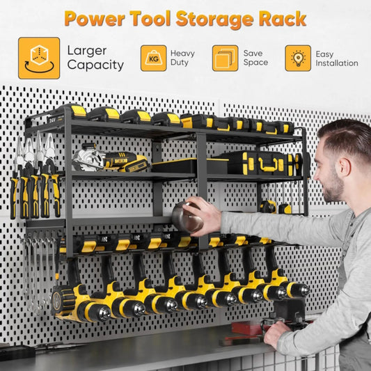 Professional power tool storage rack in a garage workshop for easy access.