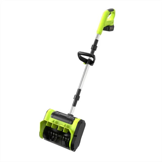 Electric cordless snow blower clearing deep snow near