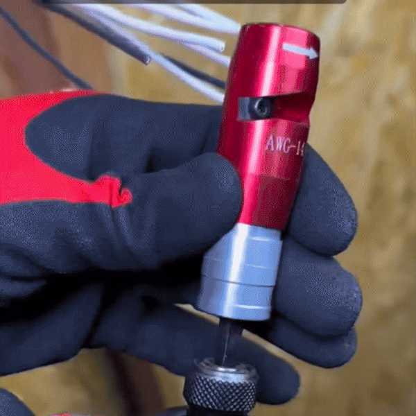 Side-by-side comparison of manual wire stripping versus using a drill attachment.