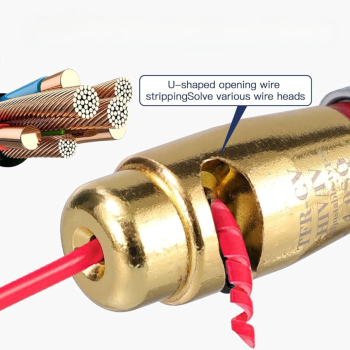 Close-up of a gold wire stripper with a U-shaped opening and copper wire cores.