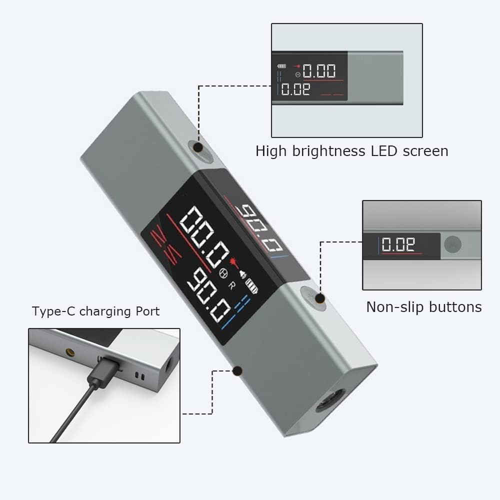 Digital level with Type-C port, LED screen, and non-slip buttons.