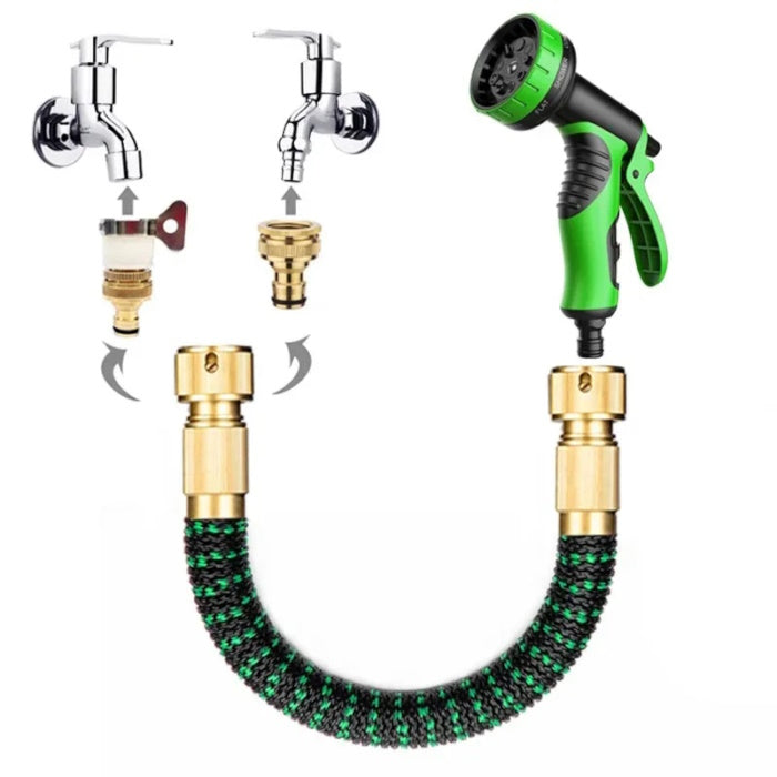 Brass connectors linking expandable garden hose to universal outdoor water taps