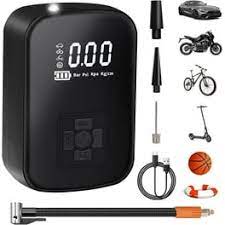 Portable tire inflator with nozzles for cars, bikes, balls, and USB charging cable.