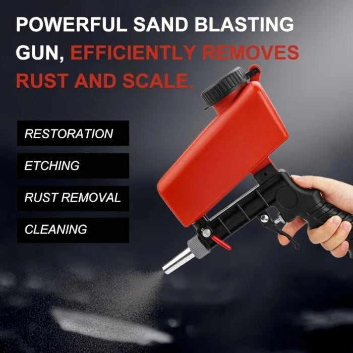 Portable sandblasting gun with icons for restoration, rust removal, and cleaning