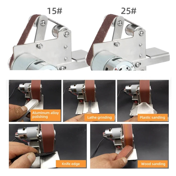 Mini belt sander used for polishing alloy, lathe grinding, and sharpening knives.