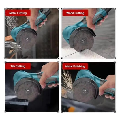 Four images showing the mini grinder cutting metal, wood, tile, and polishing steel.