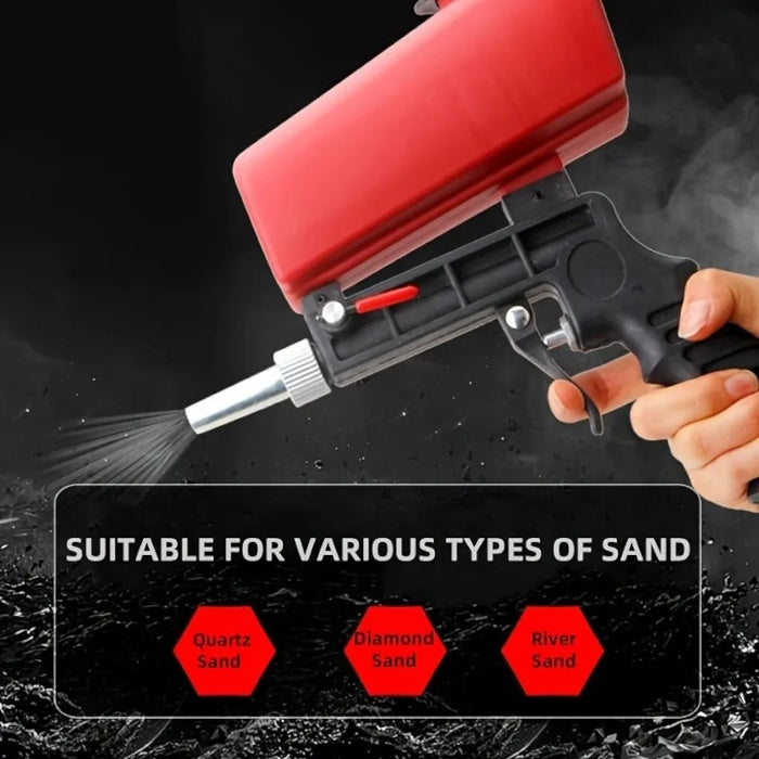 Handheld sandblasting gun showing compatibility with Quartz, Diamond, and River sand