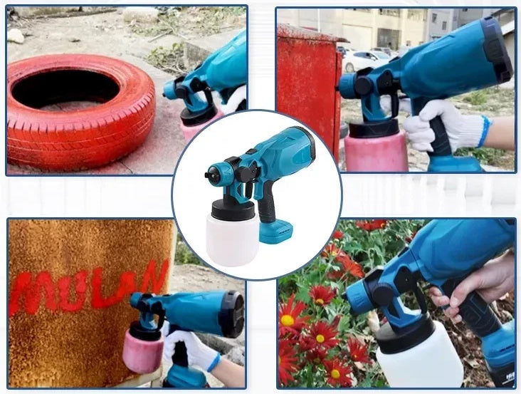 Collage showing paint sprayer used on car tires, metal boxes, and garden projects