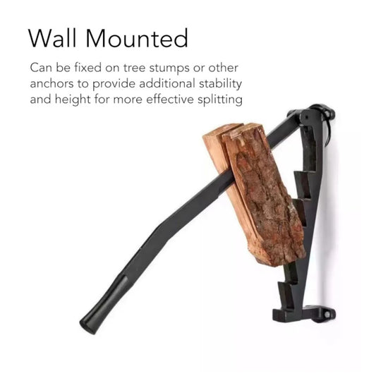 Wall mounted manual firewood splitter with lever action on a white background.