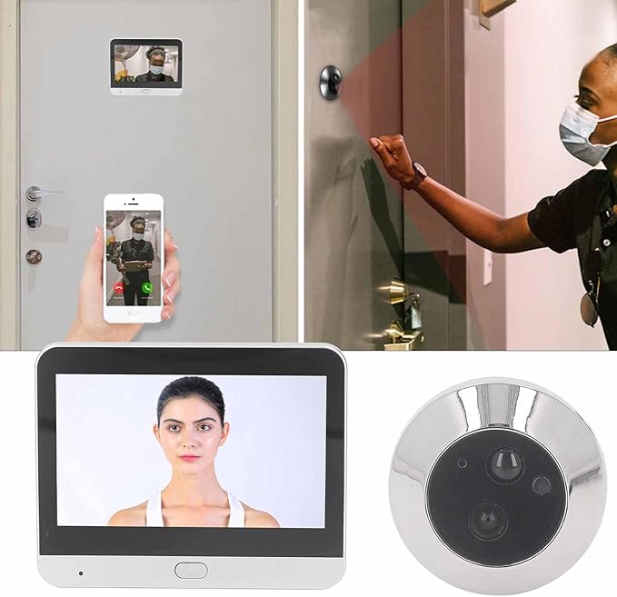 Smart peephole camera showing live video on 4.3" monitor and smartphone screen