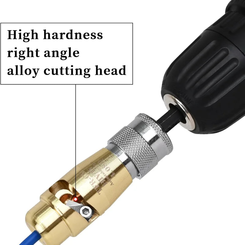 Adjustable wire stripper compatible with various electric drills and manual use.